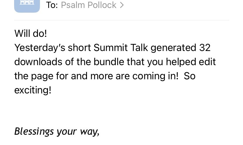 Client email: a short summit talk generated 32 downloads of the bundle from the edited page